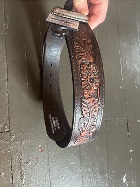 Nocona Brown Tooled Floral Leather Belt with Silver Buckle